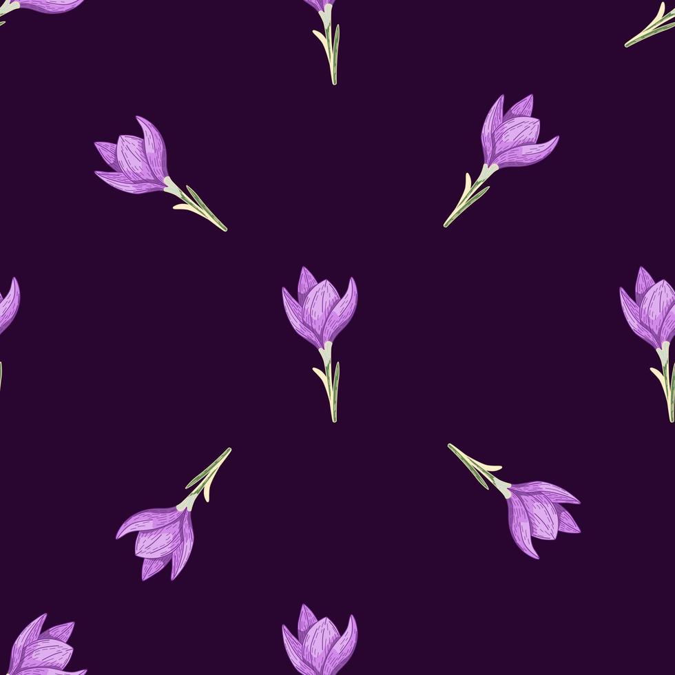 Minimalistic seamless doodle pattern with bright lilac crocus flower shapes. Dark purple background. vector