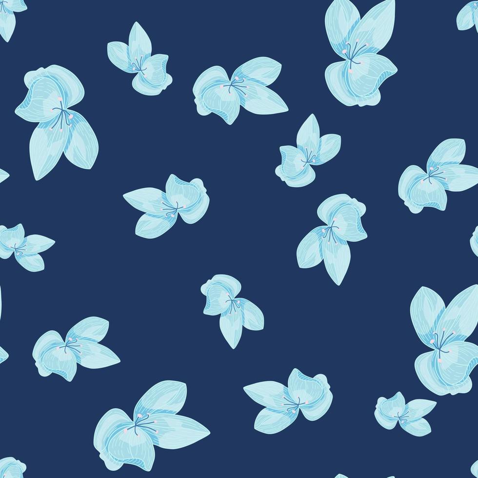 Contrast seamless creative pattern with botanic random blue orchid flowers print. Navy blue background. vector