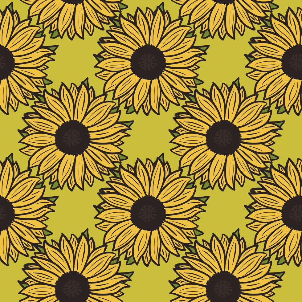 Seamless pattern sunflowers on green background. Beautiful texture with yellow sunflower and leaves. vector