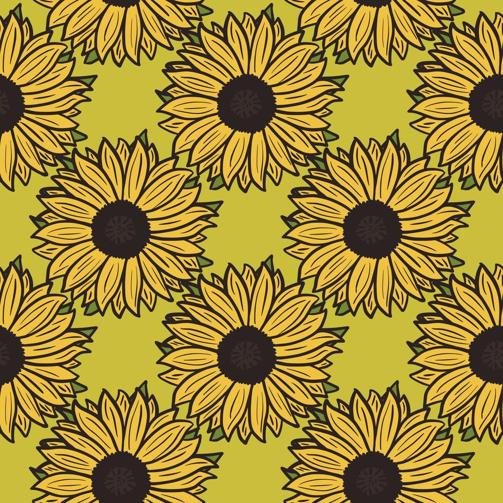 girasoles de patrones sin fisuras sobre fondo verde. hermosa textura con girasol amarillo y hojas. vector