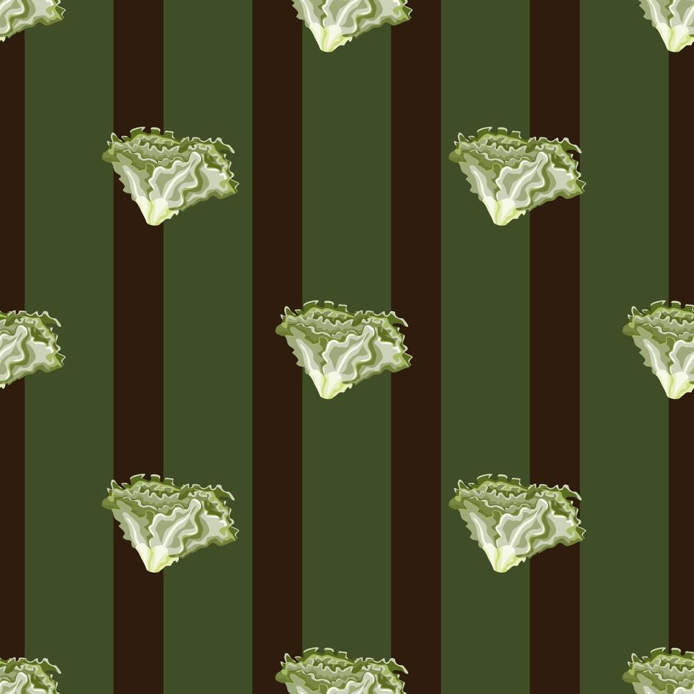 Seamless pattern Batavia salad on brown striped background.Simple ornament with lettuce. vector