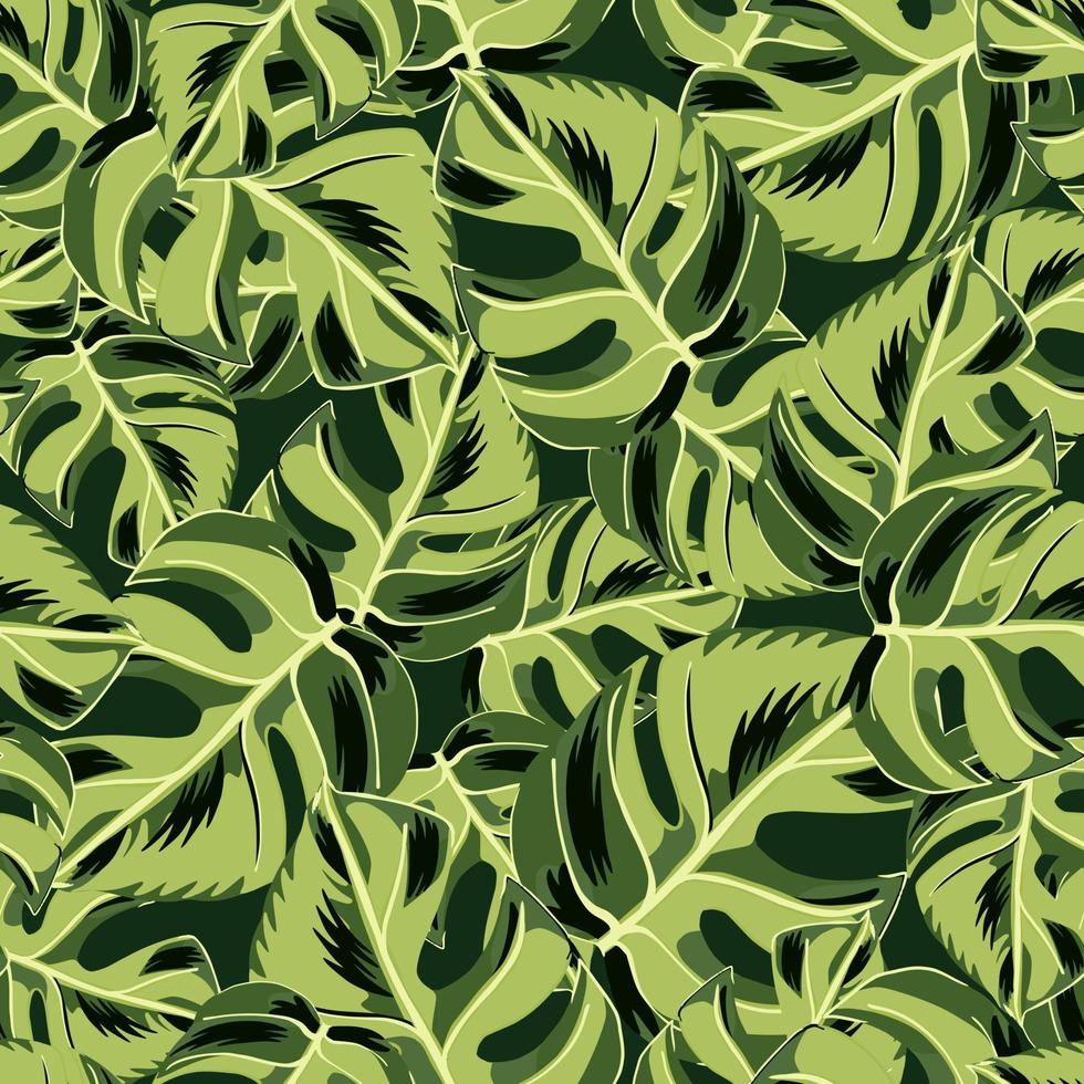 Floral seamless pattern with hand drawn random green monstera tropic leaves. Black background. Abstract print. vector