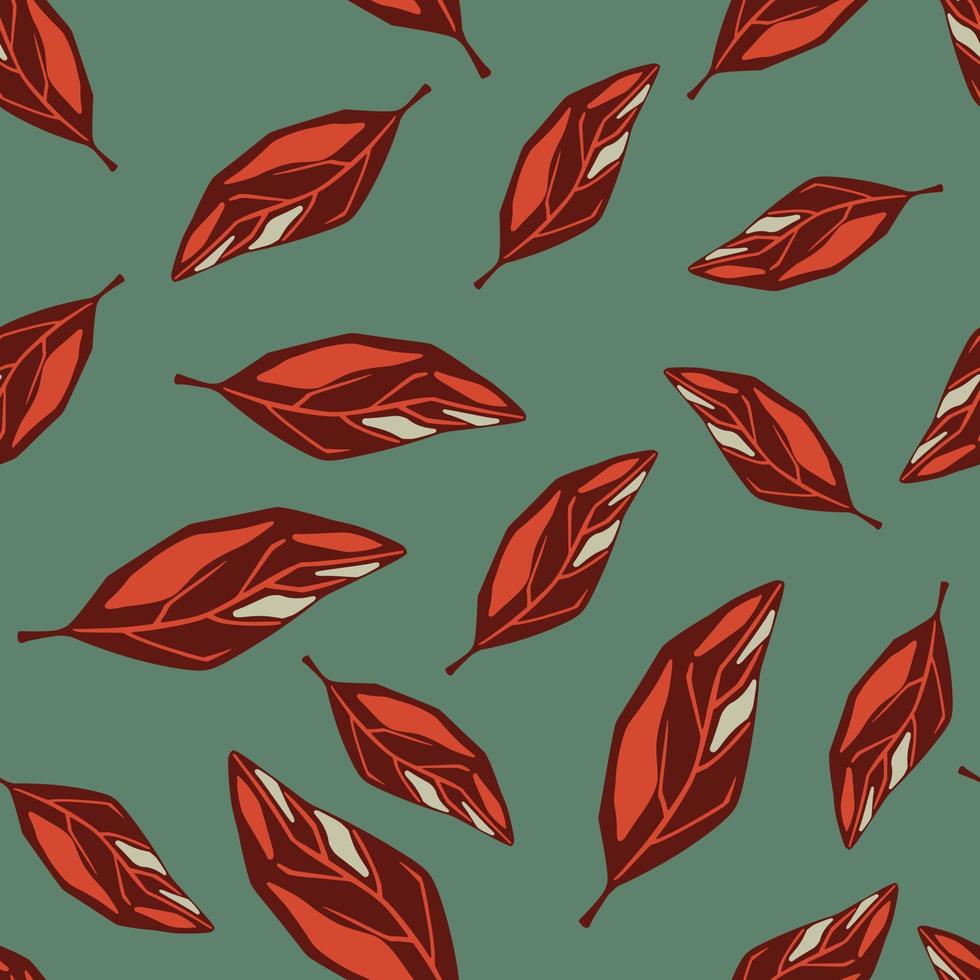 Autumn seamless nature pattern with falling foliage print. Maroon leaves on pale green background. vector