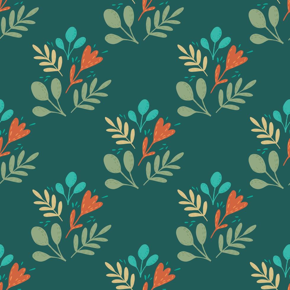 Seamless pattern with folk botanical ornament. Green, red and blue flowers and foliage artwork. vector
