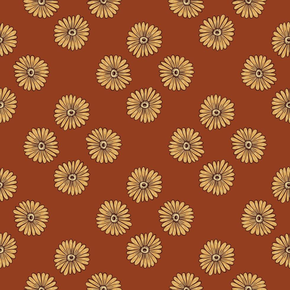 Seamless vintage style pattern with pale yellow sunflower shapes print. Pastel maroon background. vector