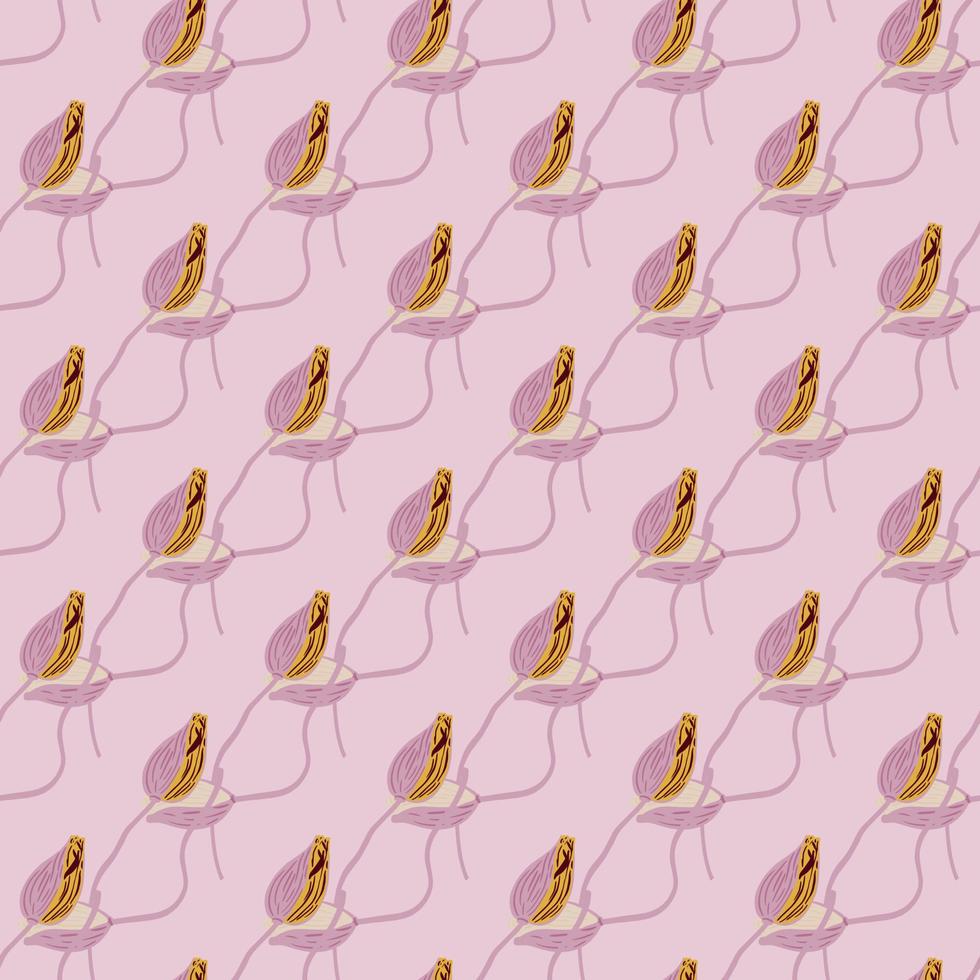 Summer seasonal seamless pattern with little poppy bud silhouettes. Pink and lilac colors ornament. vector