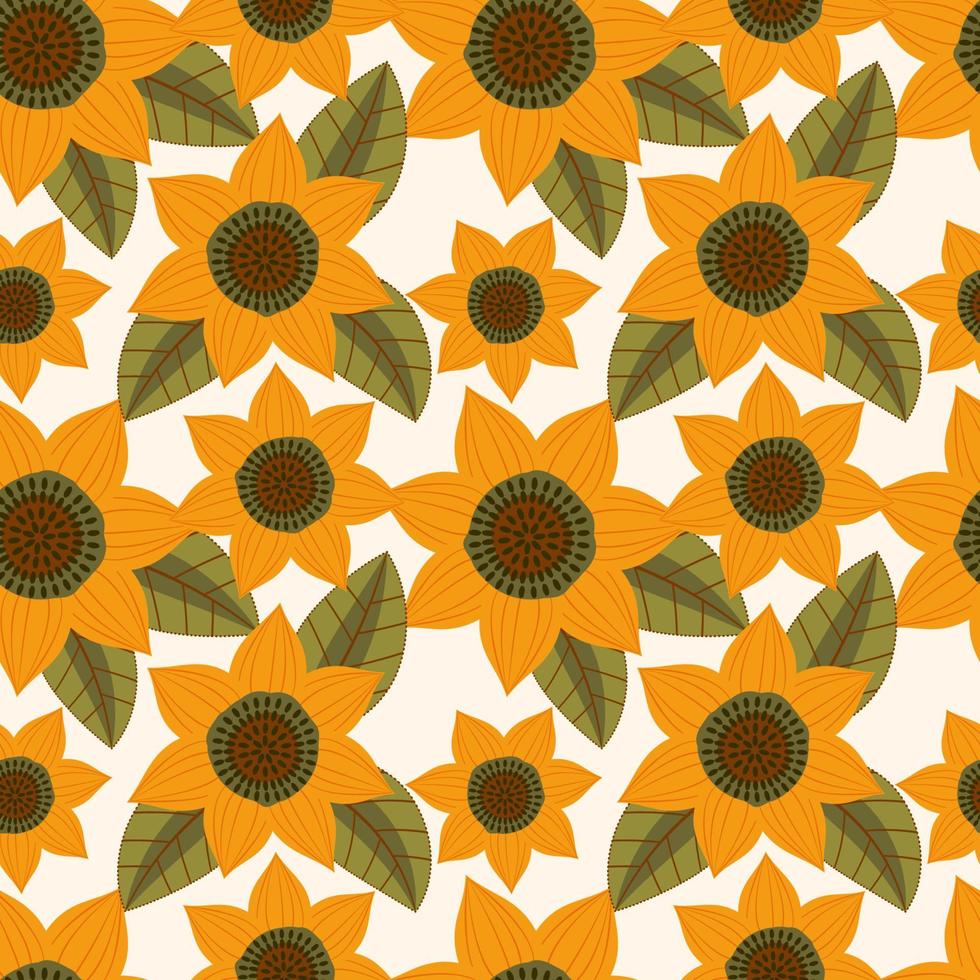 Pattern Sunflower Design Flowers and leaves on Bright Blue Background. vector