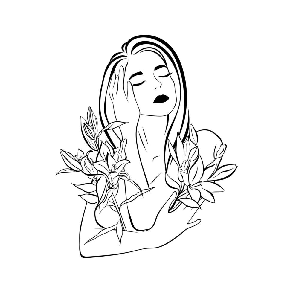 Girl with lilies line art portrait. Vector illustration