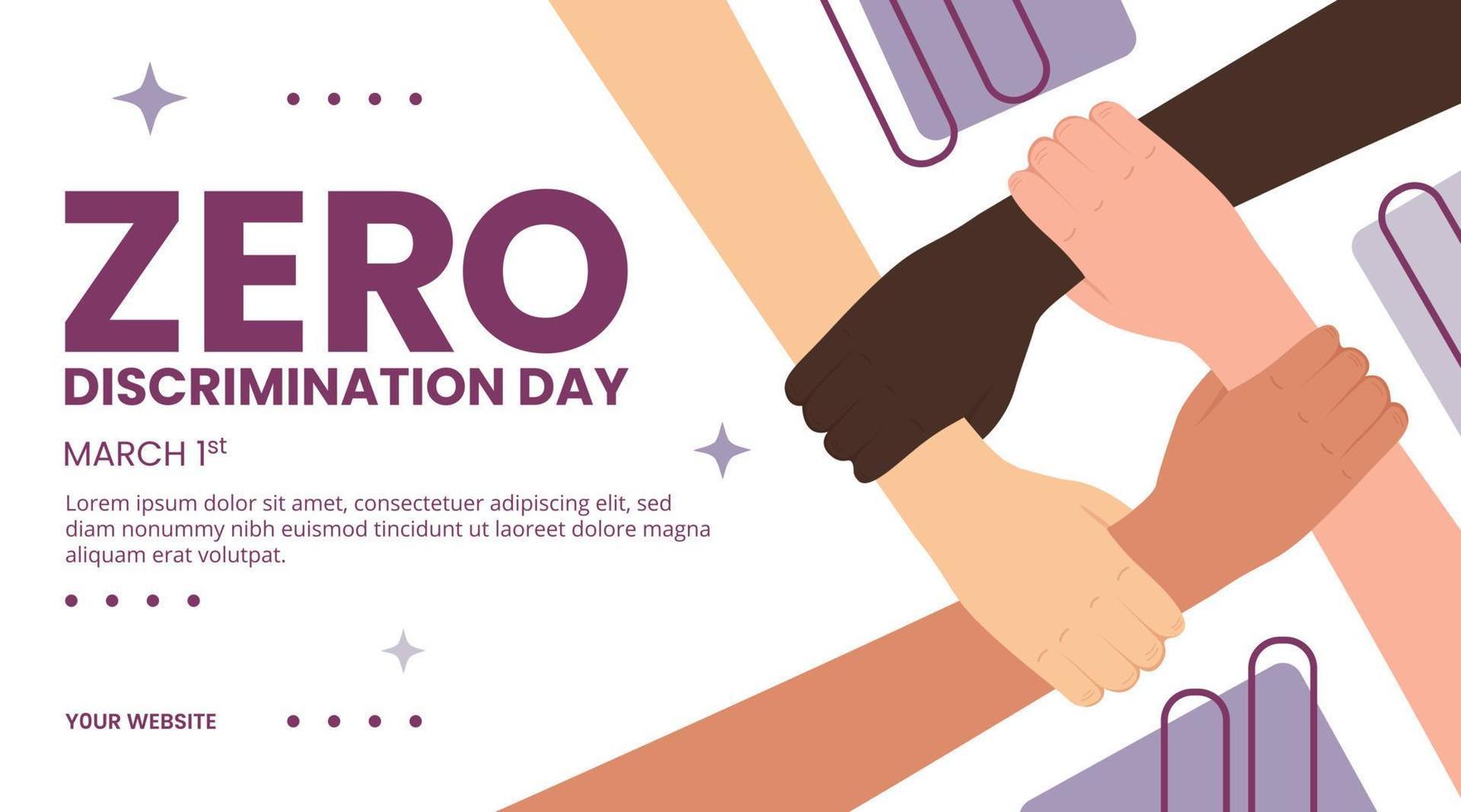 pancarta del día de la discriminación cero con las manos colgando entre sí vector