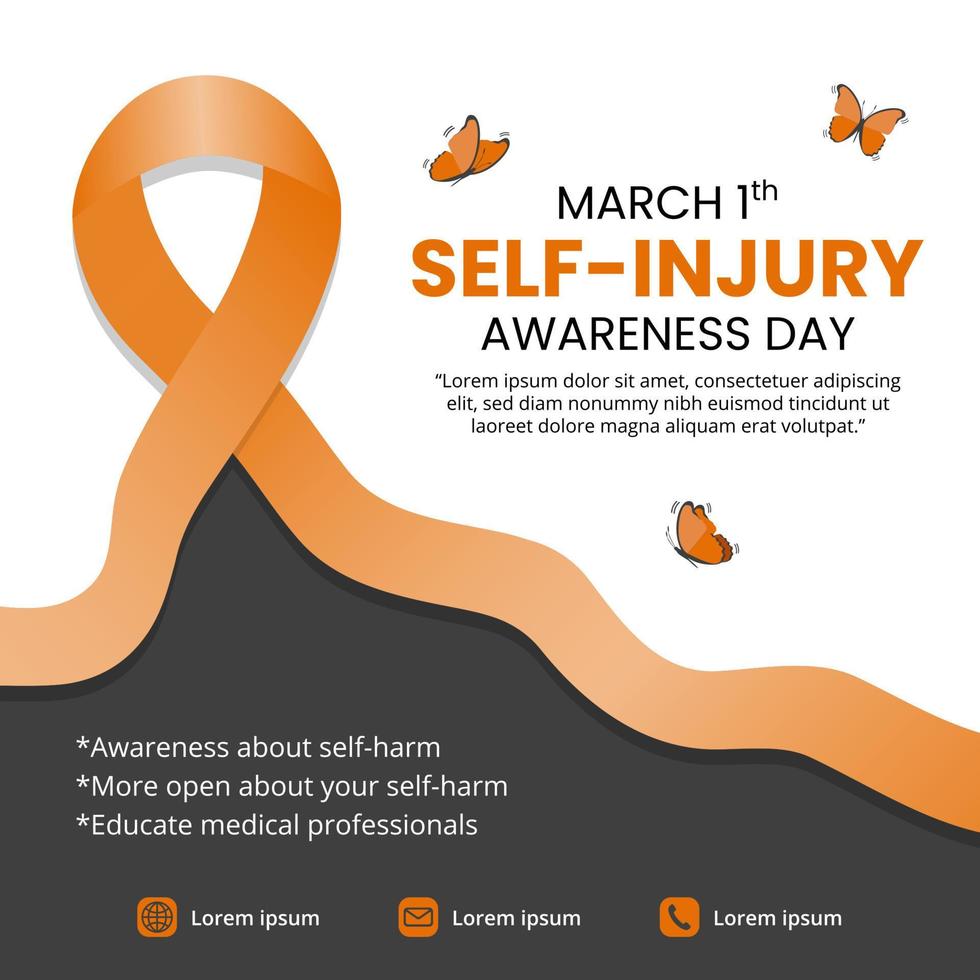 Self-injury awareness day banner with ribbon and butterflies vector