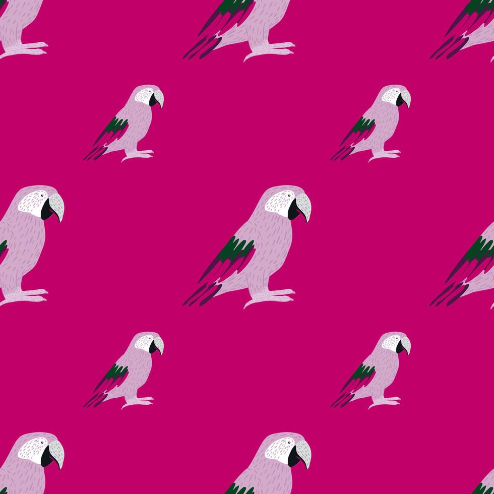 Doodle seamless pattern with hand drawn lilac ara parrot print. Pink bright background. Jungle print. vector