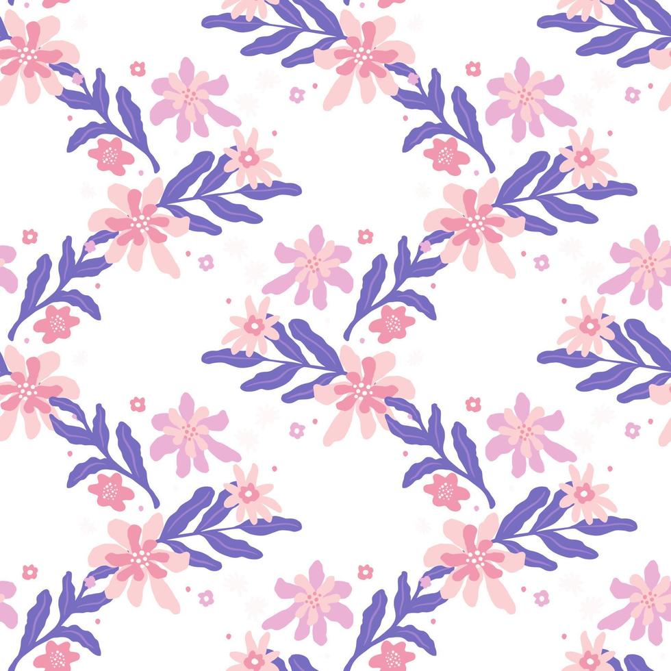 Isolated seamless pattern with pink flowers print and purple foliage. WHite background. Blossom backdrop. vector