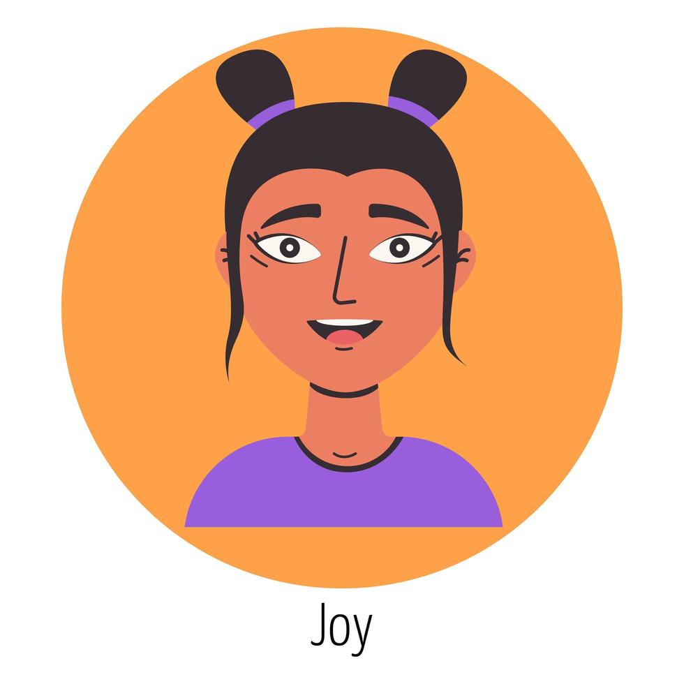 personaje femenino con una cara alegre. expresión facial. sentimiento de mujer joven. hermoso retrato de mujer. avatar de mujer, emoji vector