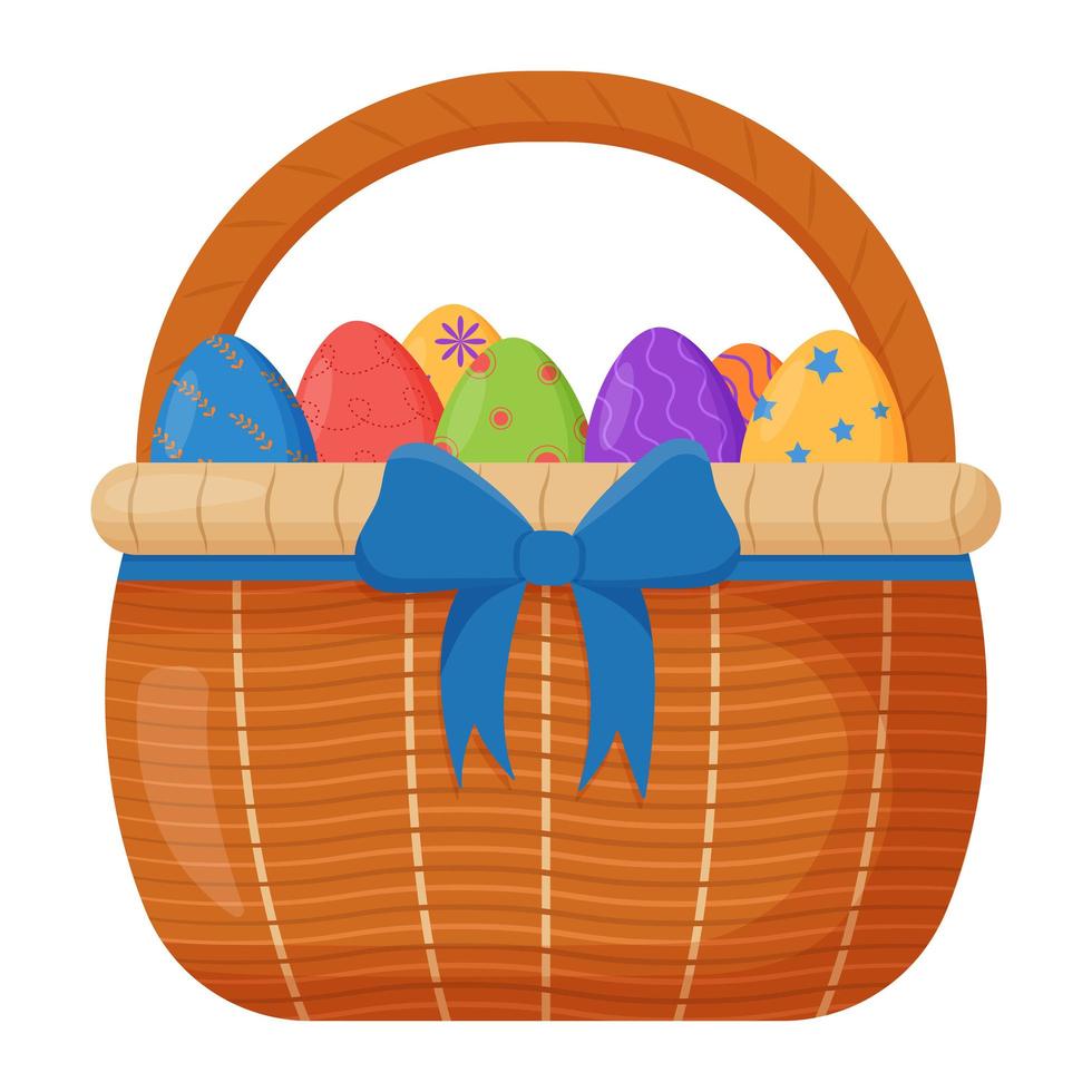 Wicker basket. Wicker basket with Easter eggs for Easter. Wooden accessory for storage or carrying vector