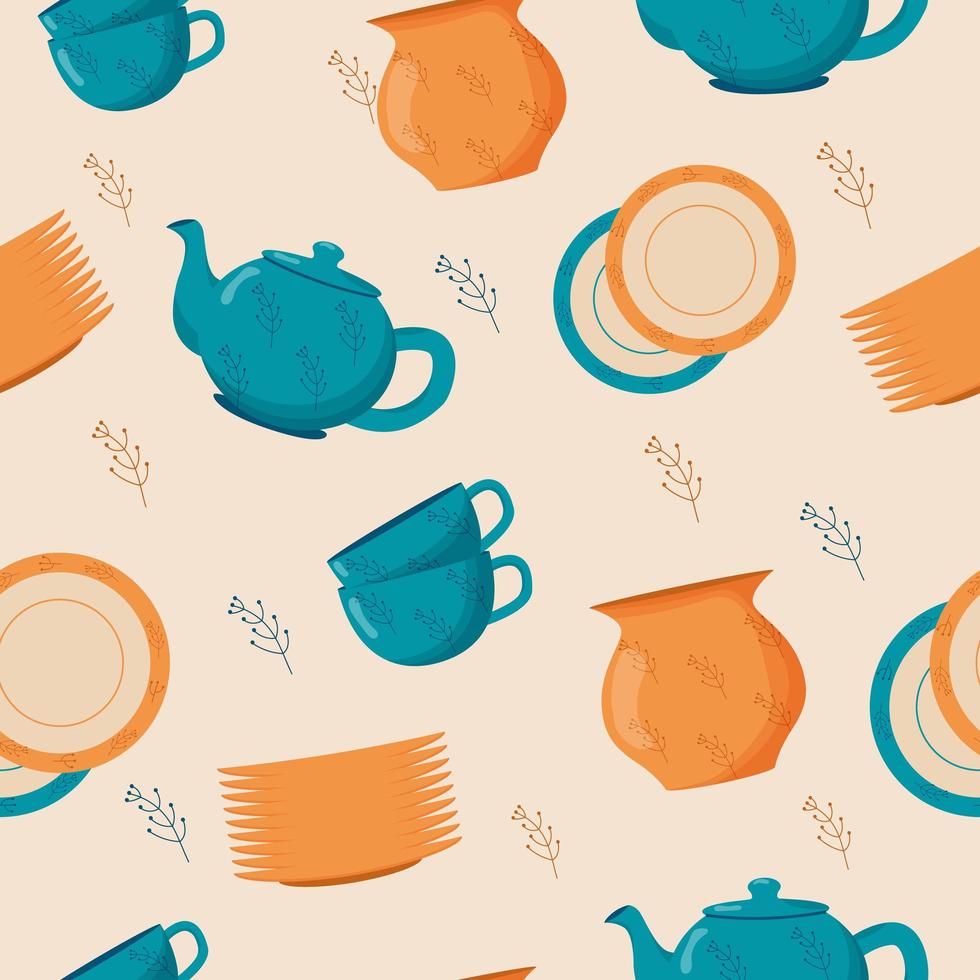 Ceramic kitchenware seamless pattern. Cute handmade ceramic plates, mugs, sugar bowl, teapots, dishes. Kitchen tools, pottery vector