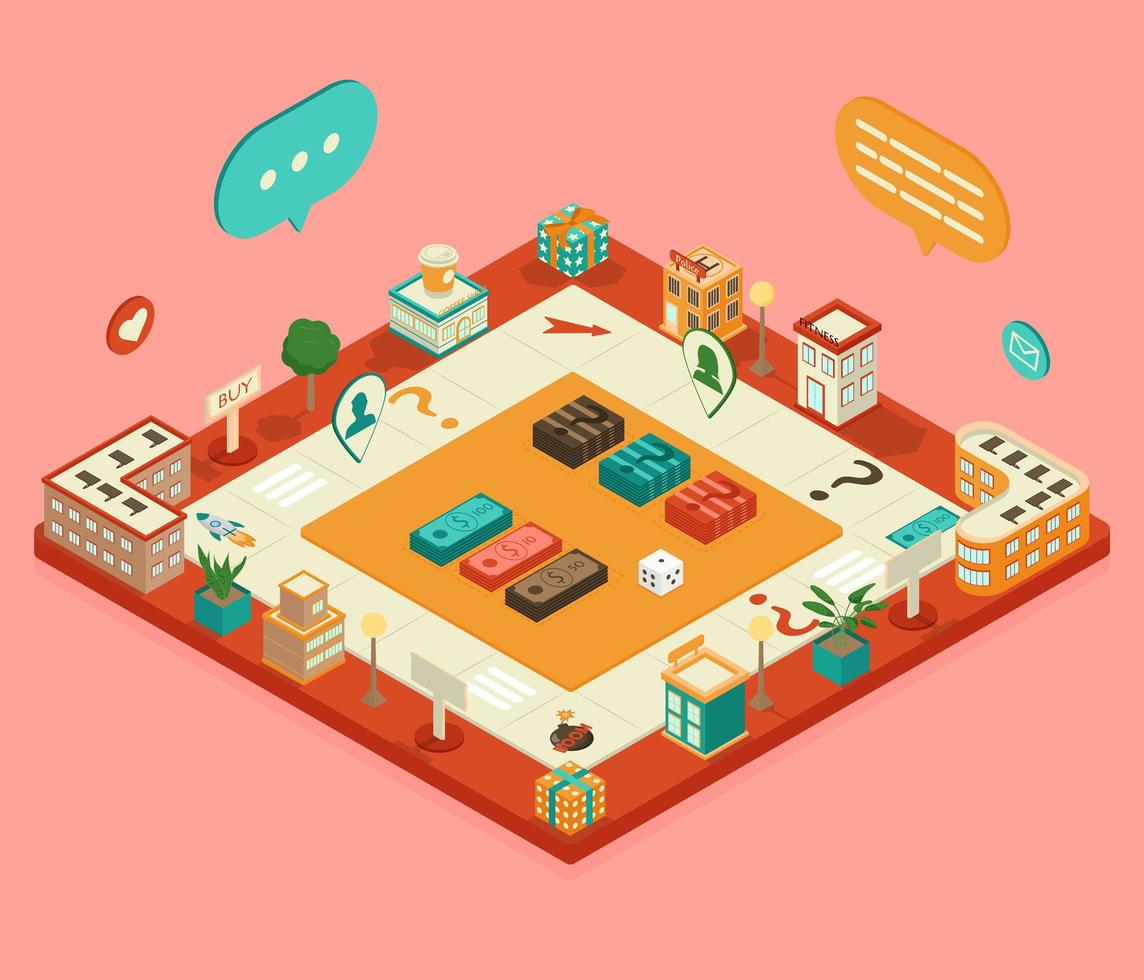 Isometric board game including buildings, a coffee shop, a fitness center, and the police. Business concept. Game with money and cards vector