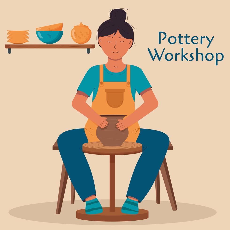 Woman making ceramics on a pottery wheel. Pottery workshop, hobby. Ceramic craft master. Ceramic kitchenware. Cute handmade ceramic plates, mugs, sugar bowl, teapots, dishes. Flat vector illustration