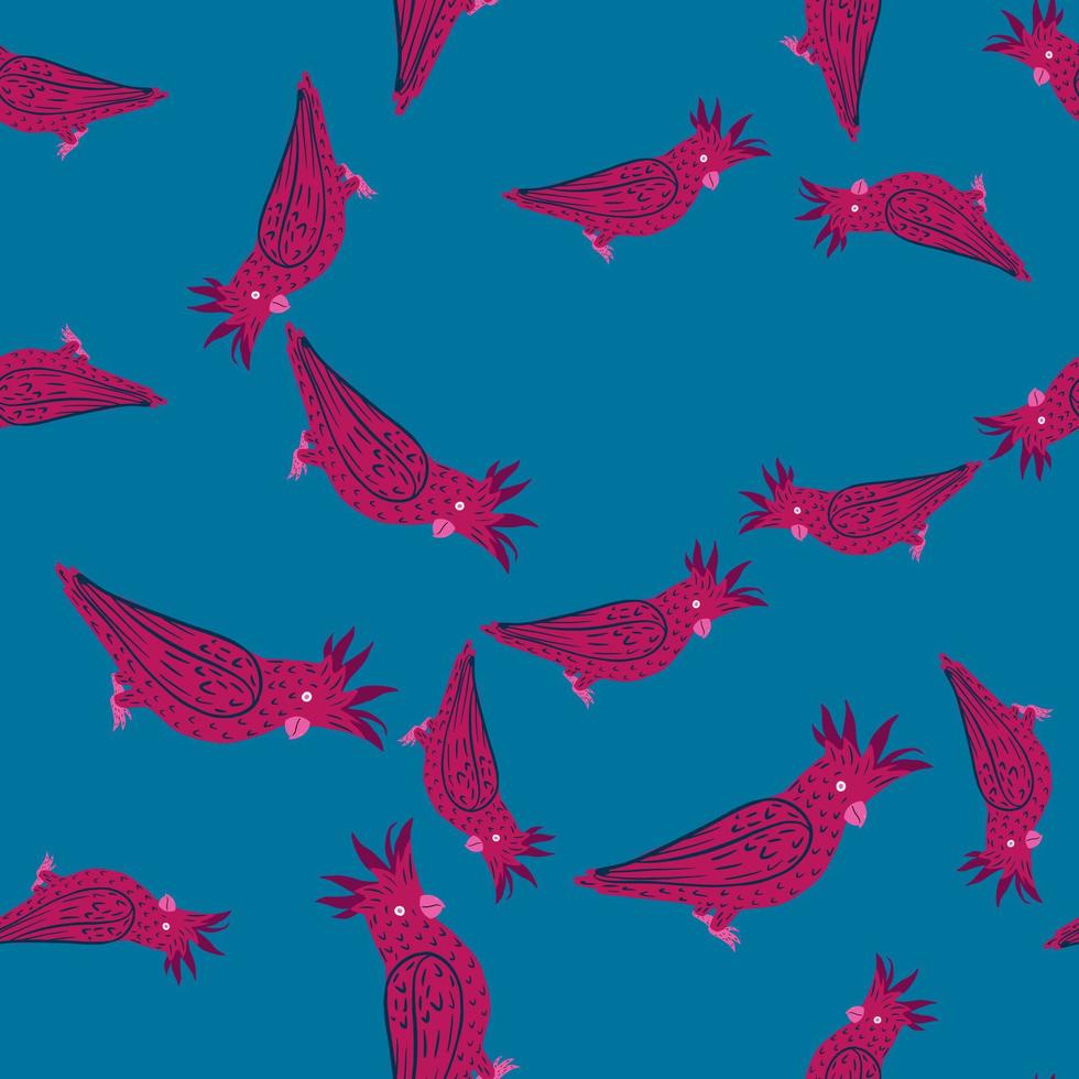 Seamless random pattern with bright pink colored cockatoo parrot shapes. Blue background. Zoo backdrop. vector