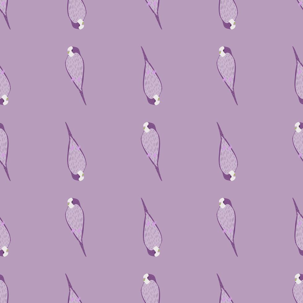 Animal seamless pattern with simple hand drawn parrot tropical bird ornament. Purple tones artwork. vector