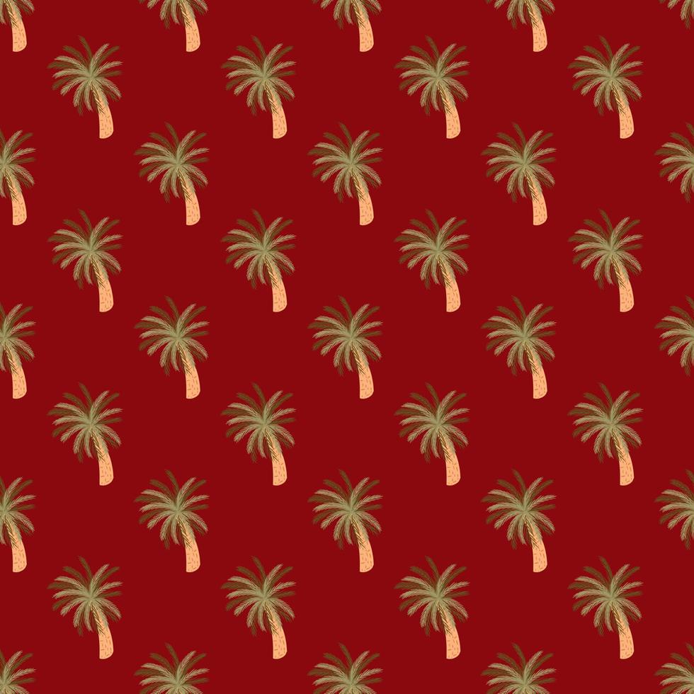 Hawaiian seamless pattern with beach palm tree ornament in green pale tones. Maroon background. vector