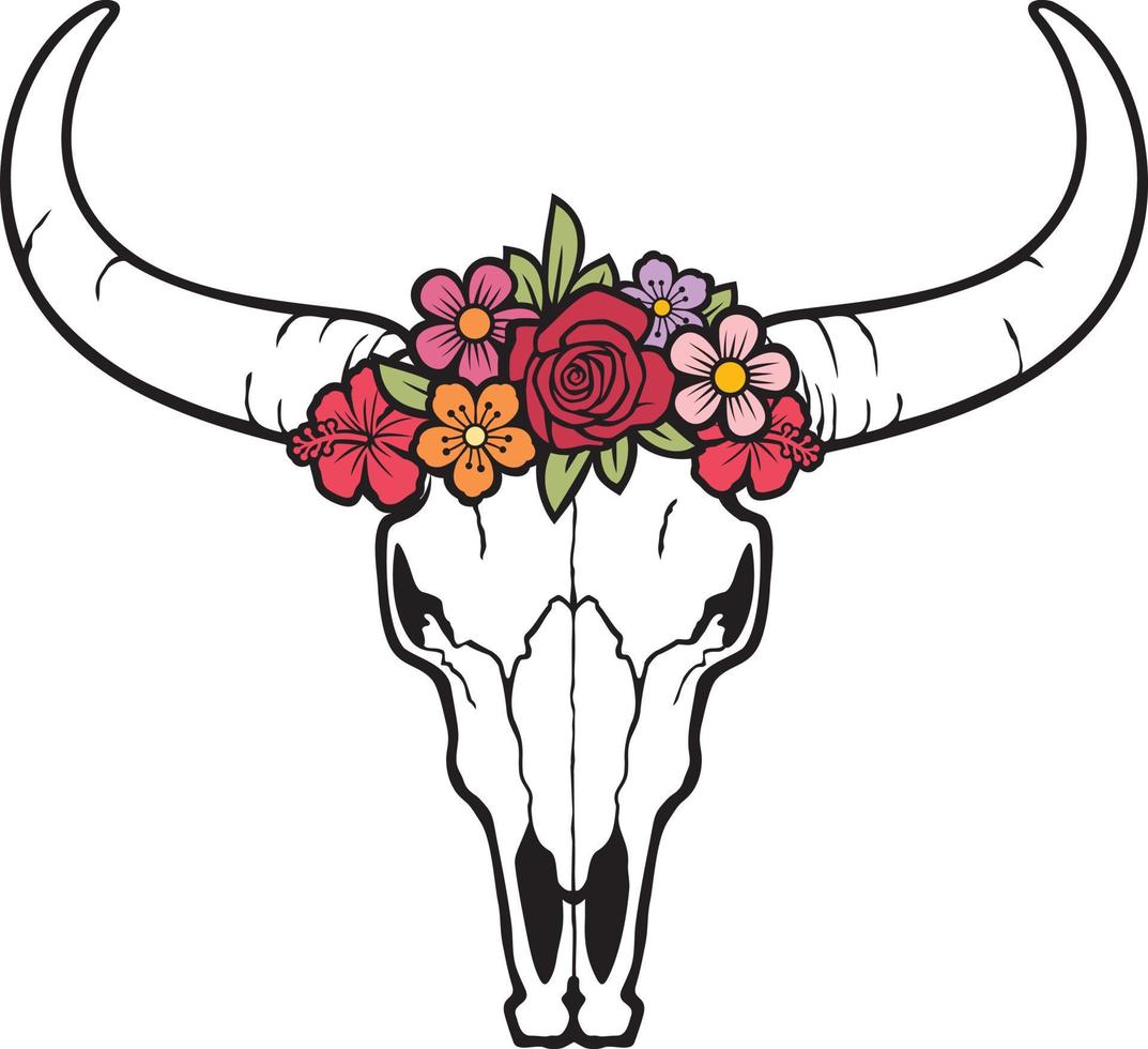 Floral bull skull color vector illustration