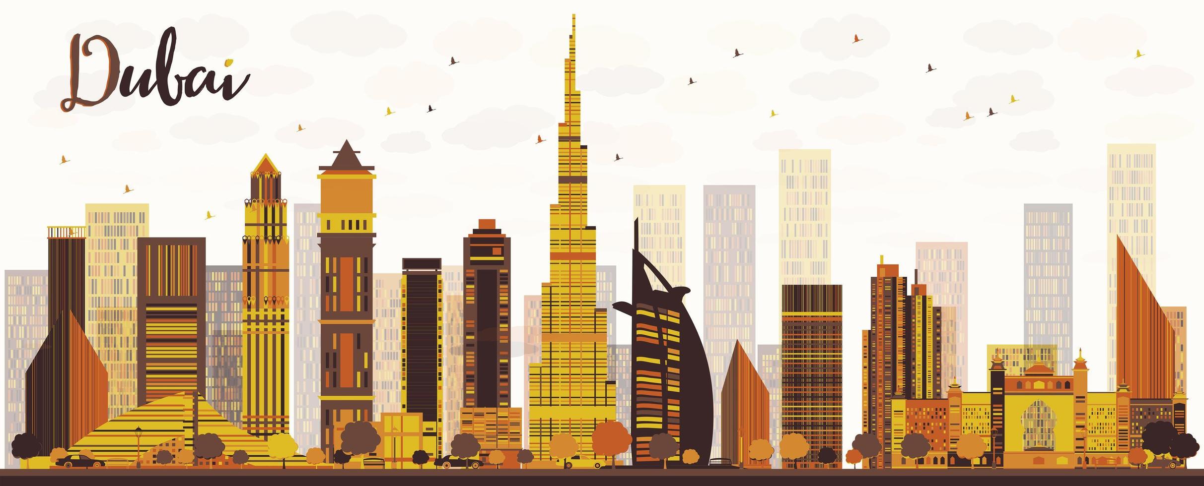 horizonte de la ciudad de dubai con rascacielos dorados. vector