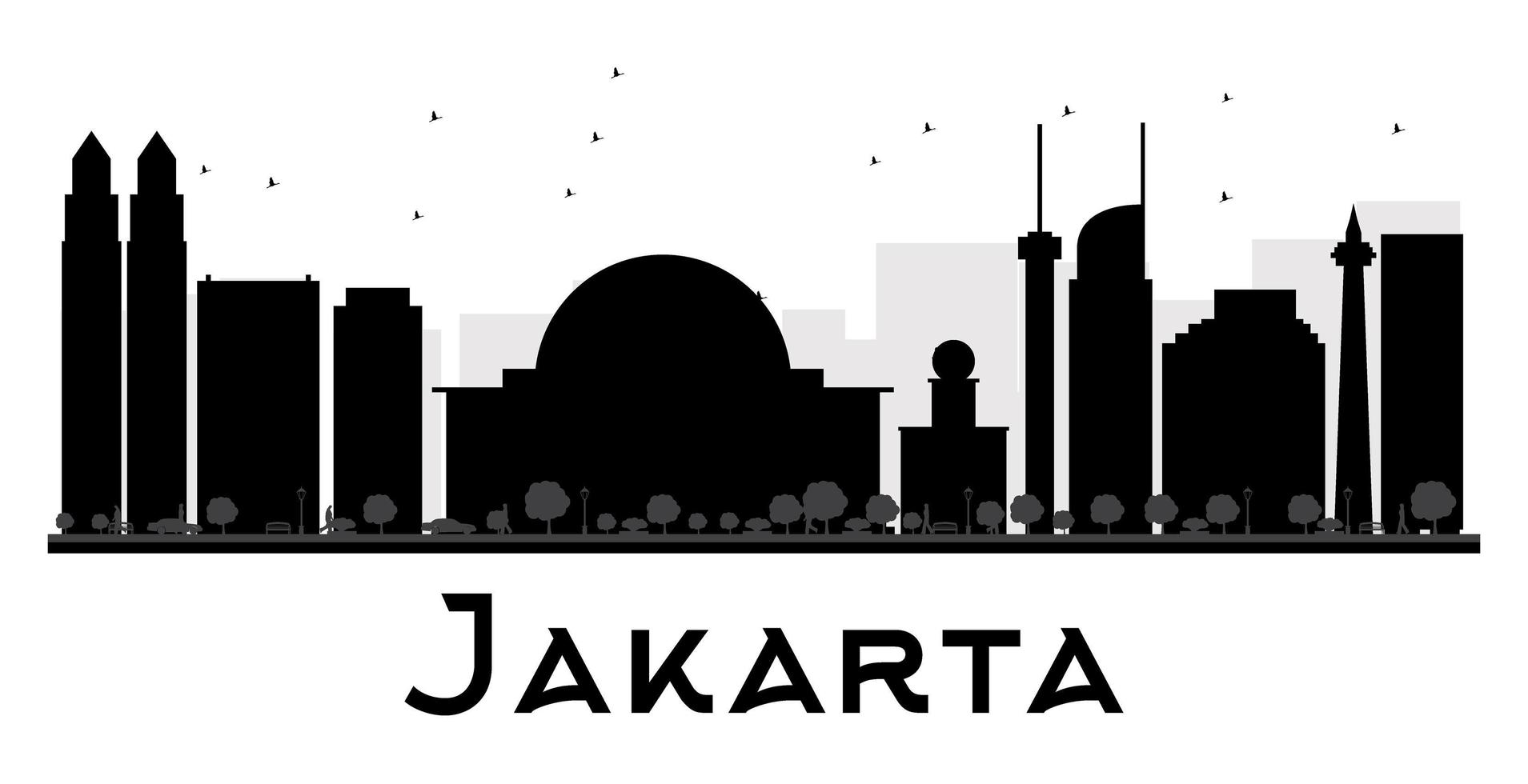 Jakarta City skyline black and white silhouette. vector