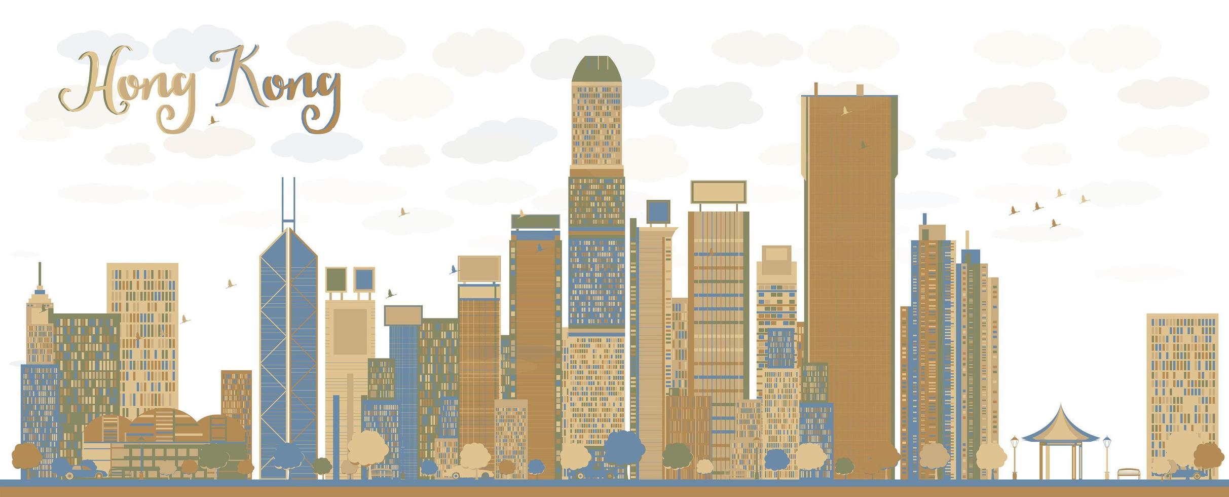 Hong Kong skyline with blue and brown buildings. vector