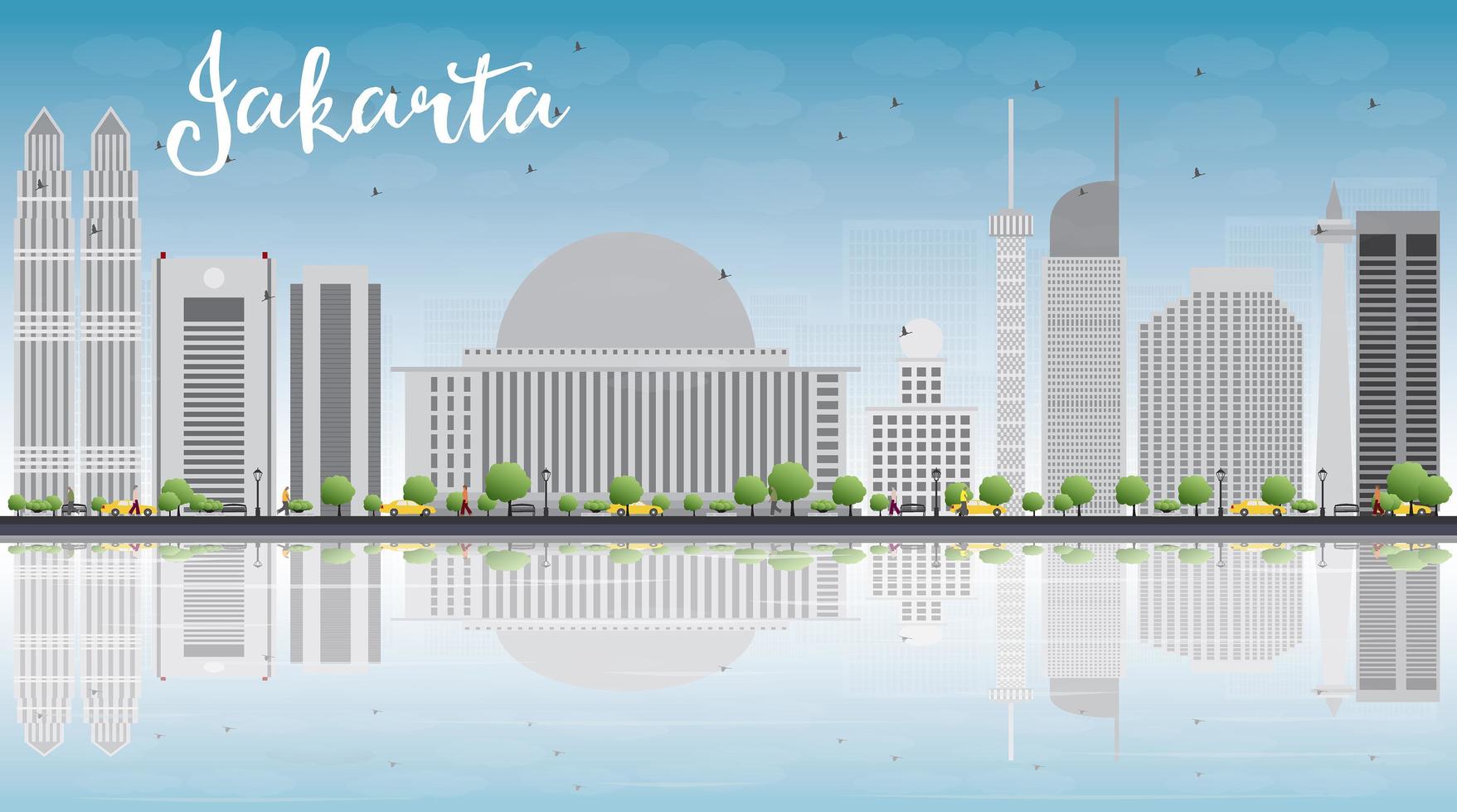 Jakarta skyline with grey landmarks, blue sky and reflections. vector