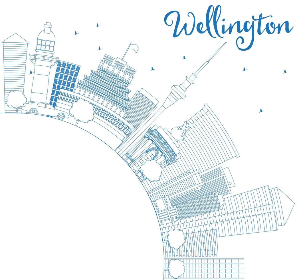 delinee el horizonte de wellington con edificios azules y copie el espacio. vector