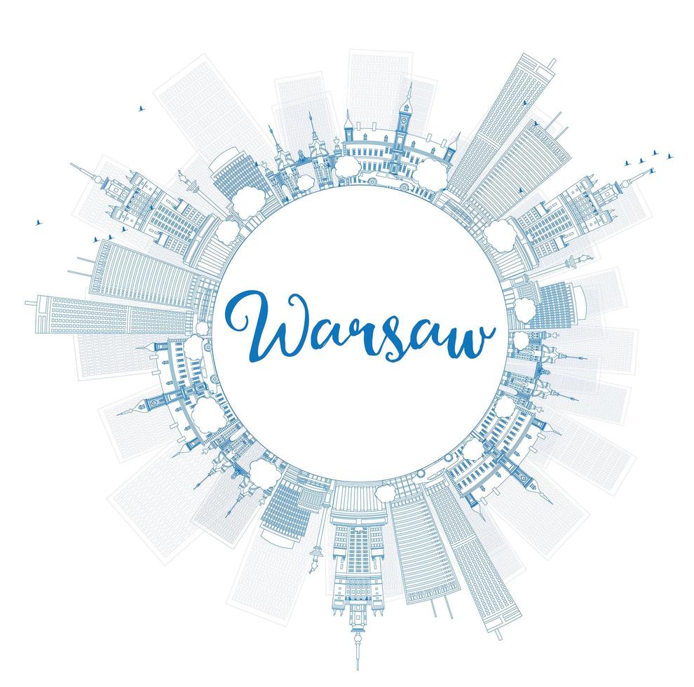 Outline Warsaw skyline with blue buildings and copy space. vector