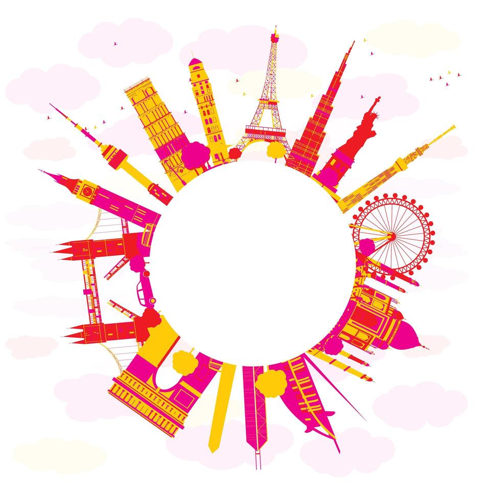 Bright Travel concept around the world with famous international landmarks. vector