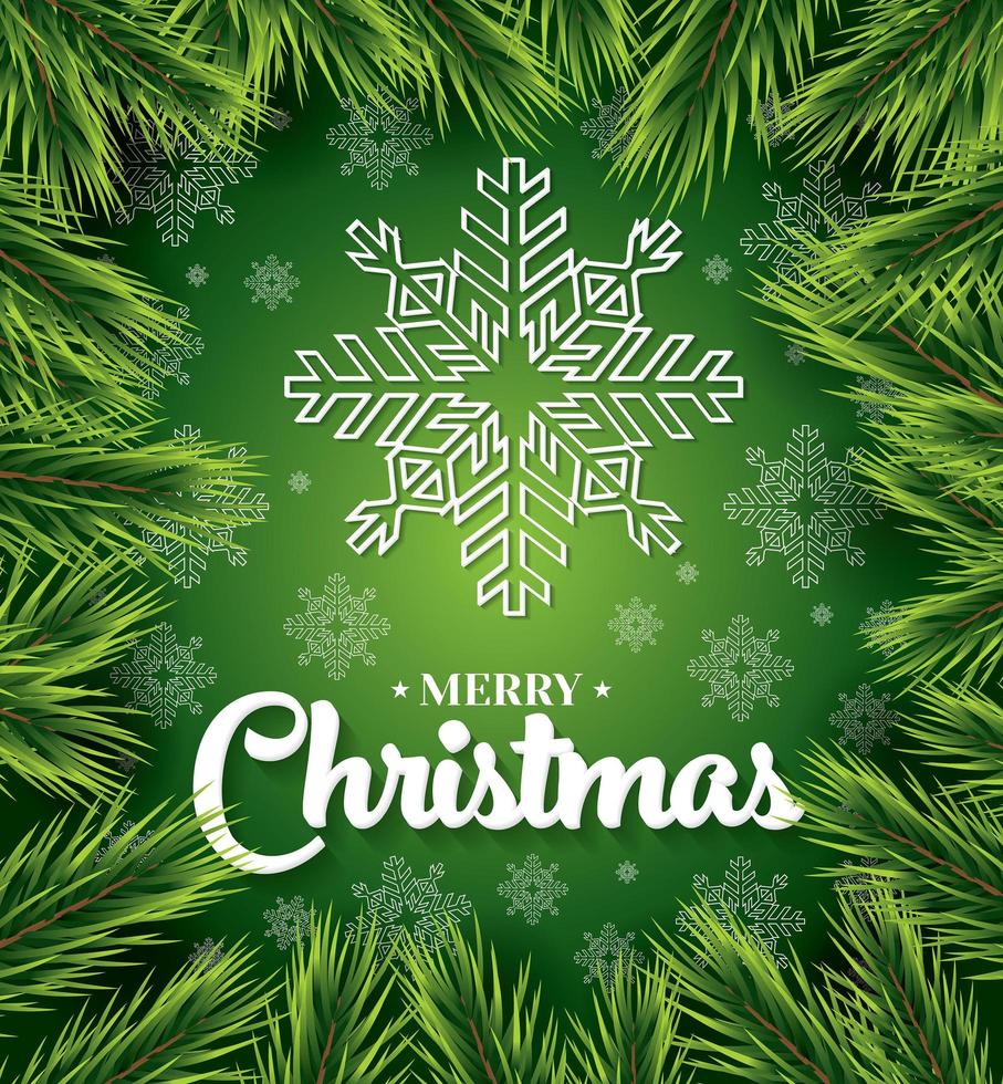 Christmas card with white snowflakes on green background. vector