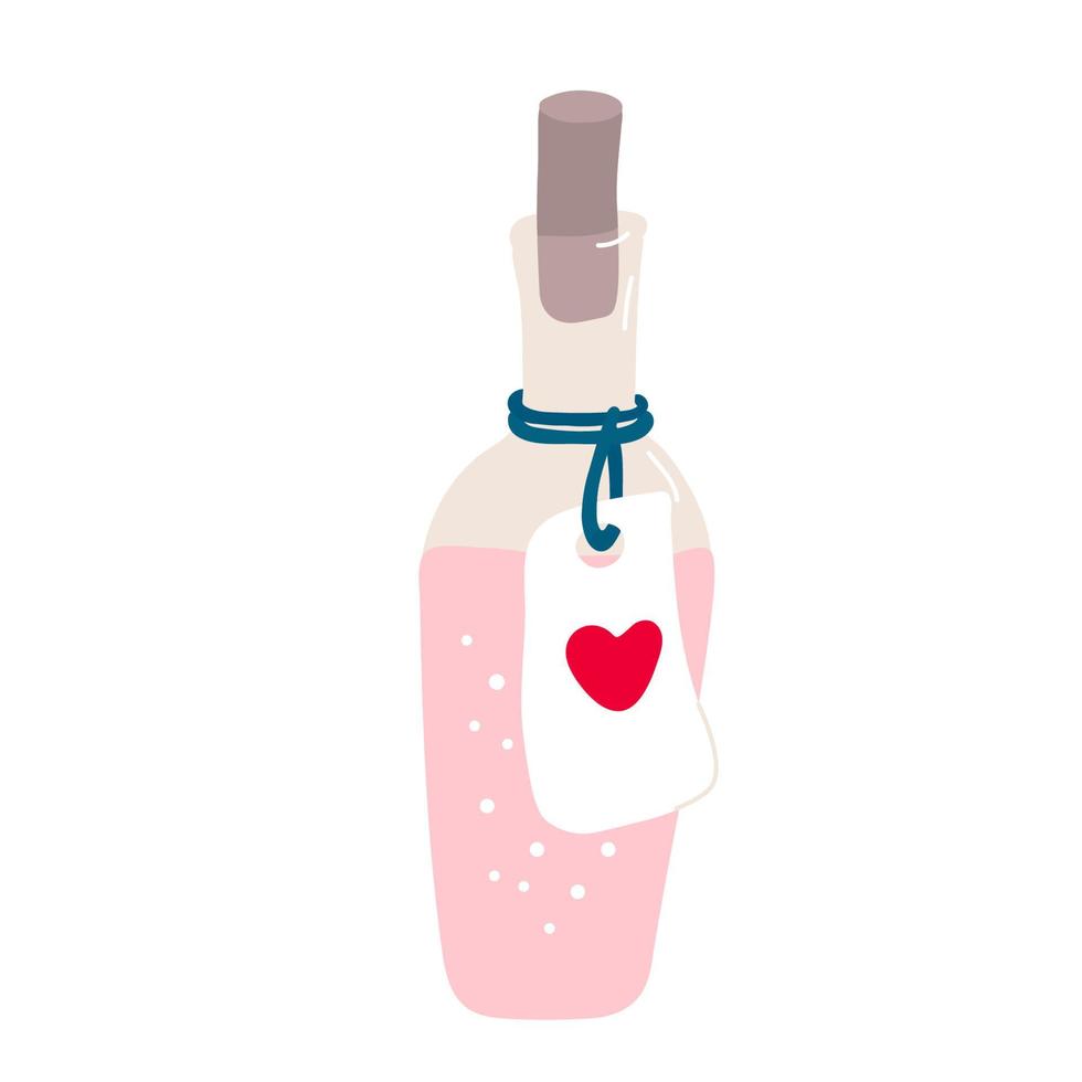 Bottle of potion or love drink decorated with heart label. Valentine's day decoration. Vector illustration for posters and greeting cards design isolated on white. Hand drawn flat style.