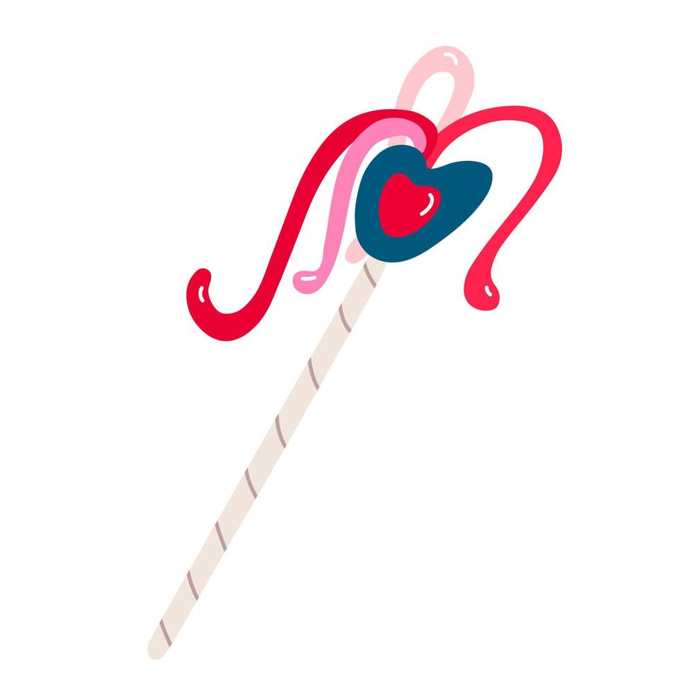 Love magic wand decorated with ribbons and heart. Valentine's day decoration. Vector illustration for posters and greeting cards design isolated on white. Hand drawn flat style.