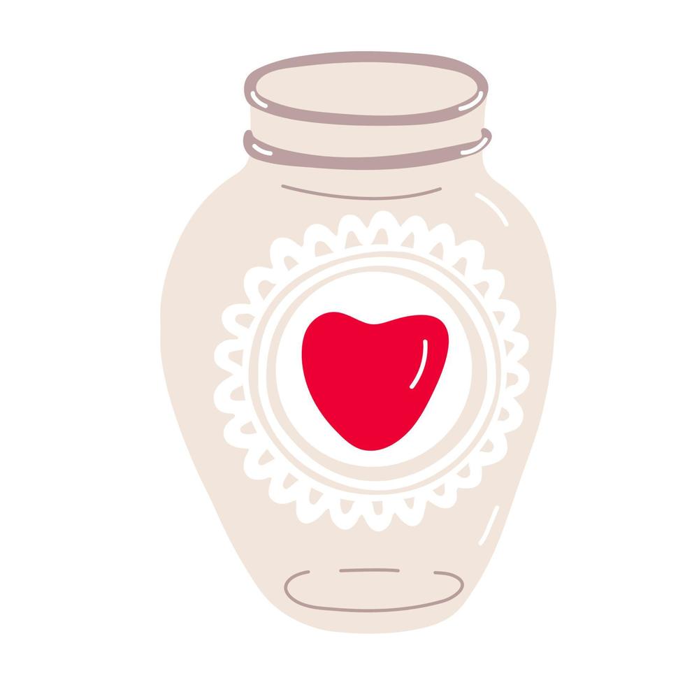 Glass jar decorated with heart. Valentine's day decoration. Vector illustration for posters and greeting cards design isolated on white. Hand drawn flat style.