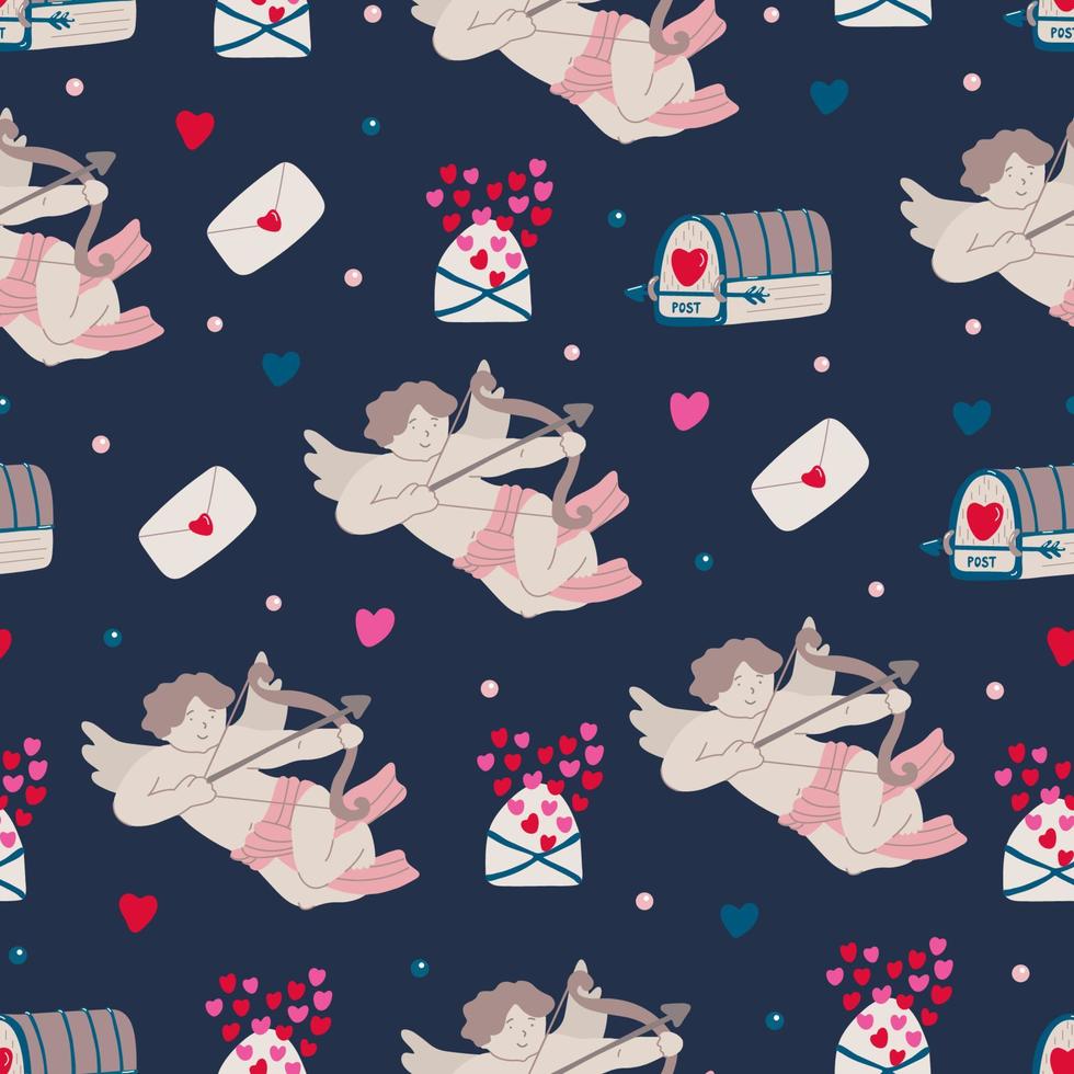 Vintage seamless pattern with cupids, mailboxes, love letters and hearts for Valentine's day on dark. Great for fabrics, wrapping papers, wallpapers, covers. Pink, red and navy blue colors. vector
