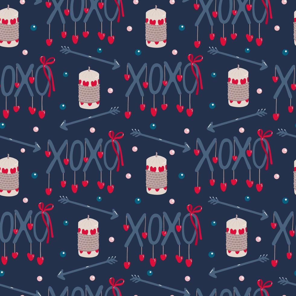seamless pattern with candles, arrows, XOXO lettering decorated with hearts for Valentine's day on navy blue. Great for fabrics, wrapping papers, wallpapers, covers. Pink, red and indigo colors vector