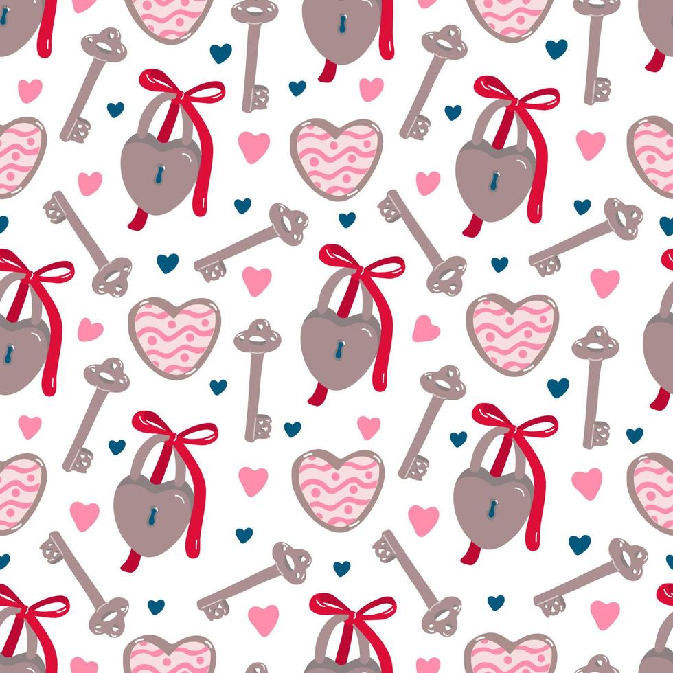 Vintage seamless pattern with keys, padlocks and hearts for Valentine's day or wedding on white. Great for fabrics, wrapping papers, wallpapers, covers. Pink, red and brown colors. vector