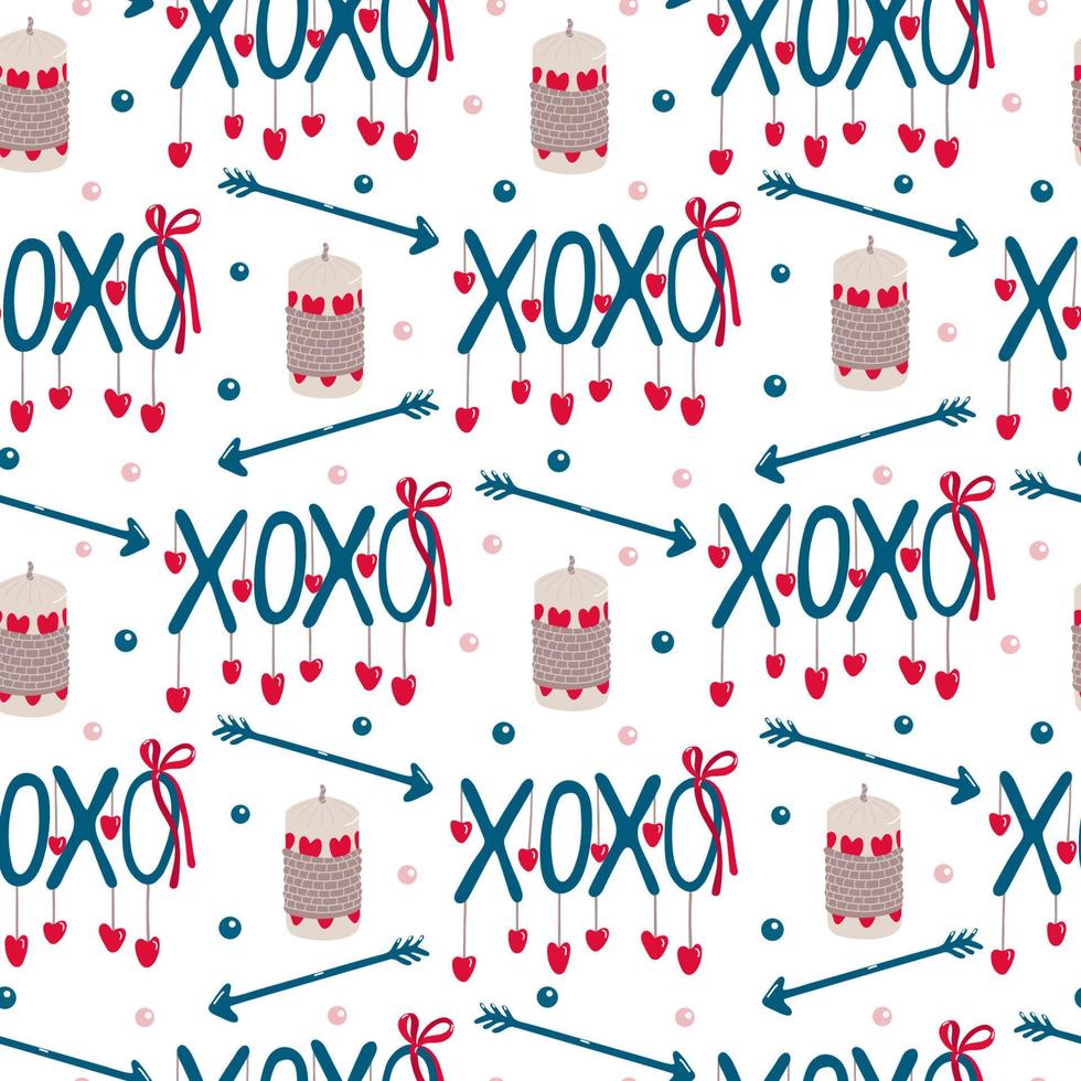 Seamless pattern with candles, arrows, XOXO lettering decorated with hearts for Valentine's day on white. Great for fabrics, wrapping papers, wallpapers, covers. Pink, red and indigo colors vector