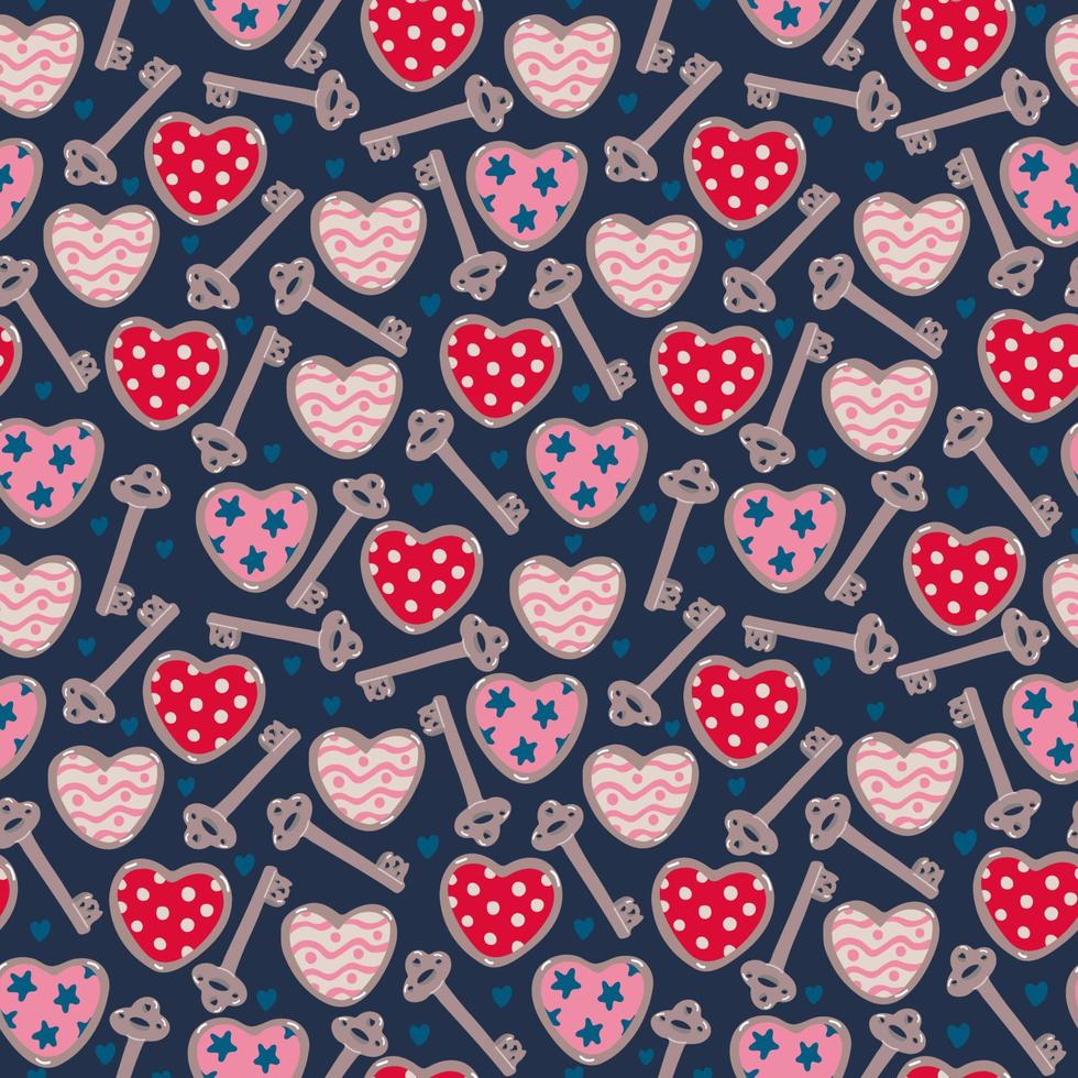 Seamless pattern with vintage keys and hearts decorated with patterns for Valentine's day, wedding on navy blue. Great for fabrics, wrapping papers, wallpapers, covers. Pink, red, brown colors. vector