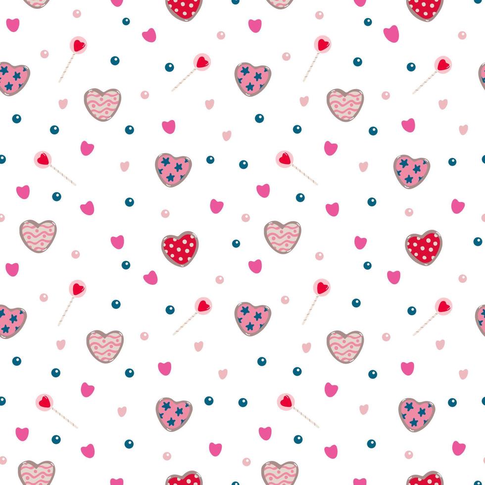 Seamless pattern with sweets for Valentine's day, wedding on white. Cookies, hearts, lollipops. Great for fabrics, wrapping papers, wallpapers, covers. Pink, red and blue colors vector