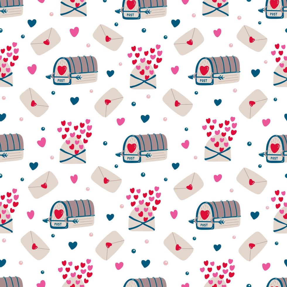 Vintage seamless pattern with mailboxes, love letters and hearts for Valentine's day or wedding on white. Great for fabrics, wrapping papers, wallpapers, covers. Pink, red, brown colors vector