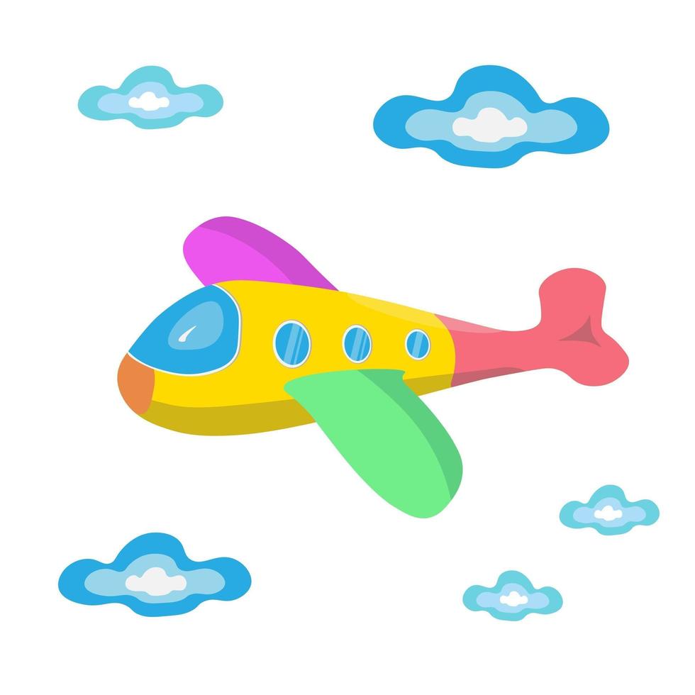 Children plane and clouds. llustration for printing, backgrounds, wallpapers, covers, packaging, greeting cards, posters, stickers, textile and seasonal design. Isolated on white background. vector