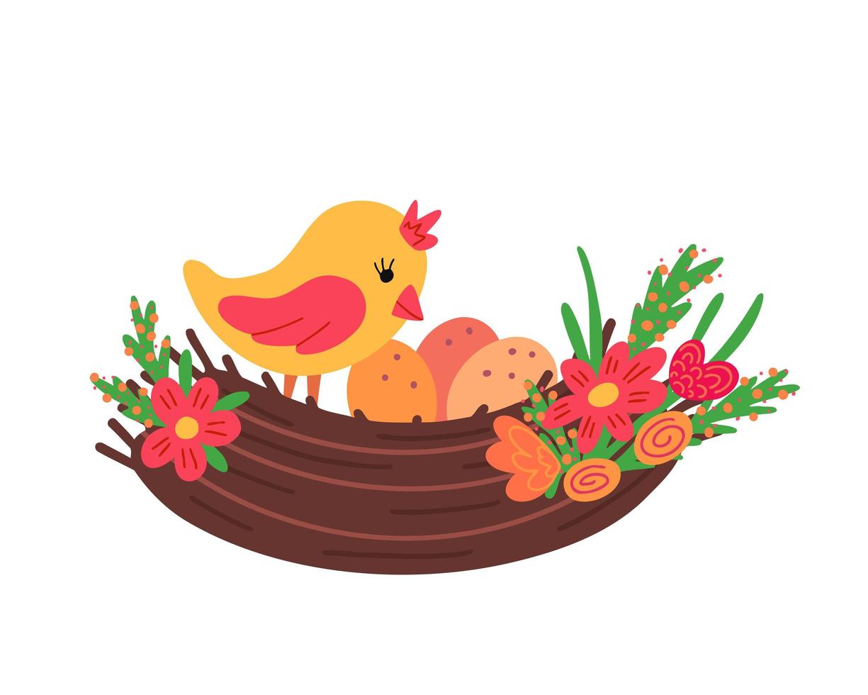 pájaro con huevos en el nido con flores. ilustración para impresión, fondos, cubiertas, empaques, tarjetas de felicitación, carteles, pegatinas, textiles y diseño de temporada. aislado sobre fondo blanco. vector