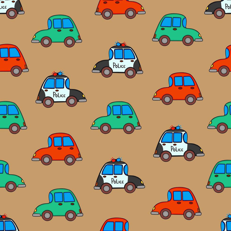 seamless pattern with colorful little cars. Illustration for printing, backgrounds, covers, packaging, greeting cards, posters, stickers, textile, seasonal design. Isolated on white background. vector