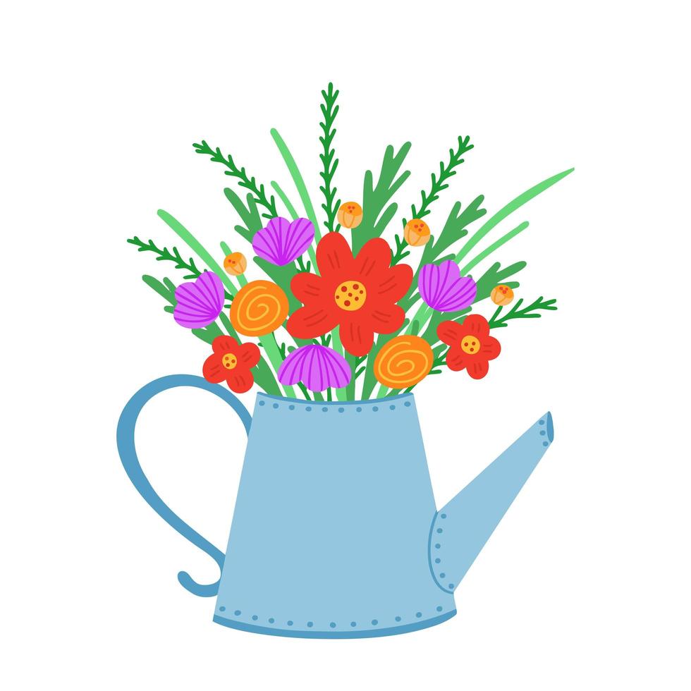 Flowers in watering can. Illustration for printing, backgrounds, covers, packaging, greeting cards, posters, stickers, textile and seasonal design. Isolated on white background. vector