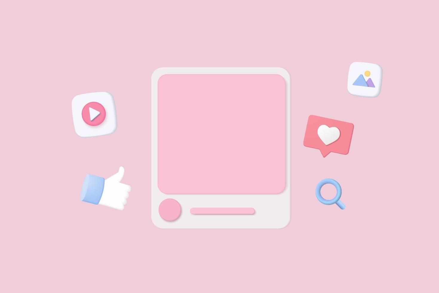 3D Social media online platform concept, online social communication on applications, Photo frame with heart and love emoji icon, like and play in red bubble 3d icons. 3d vector render concept