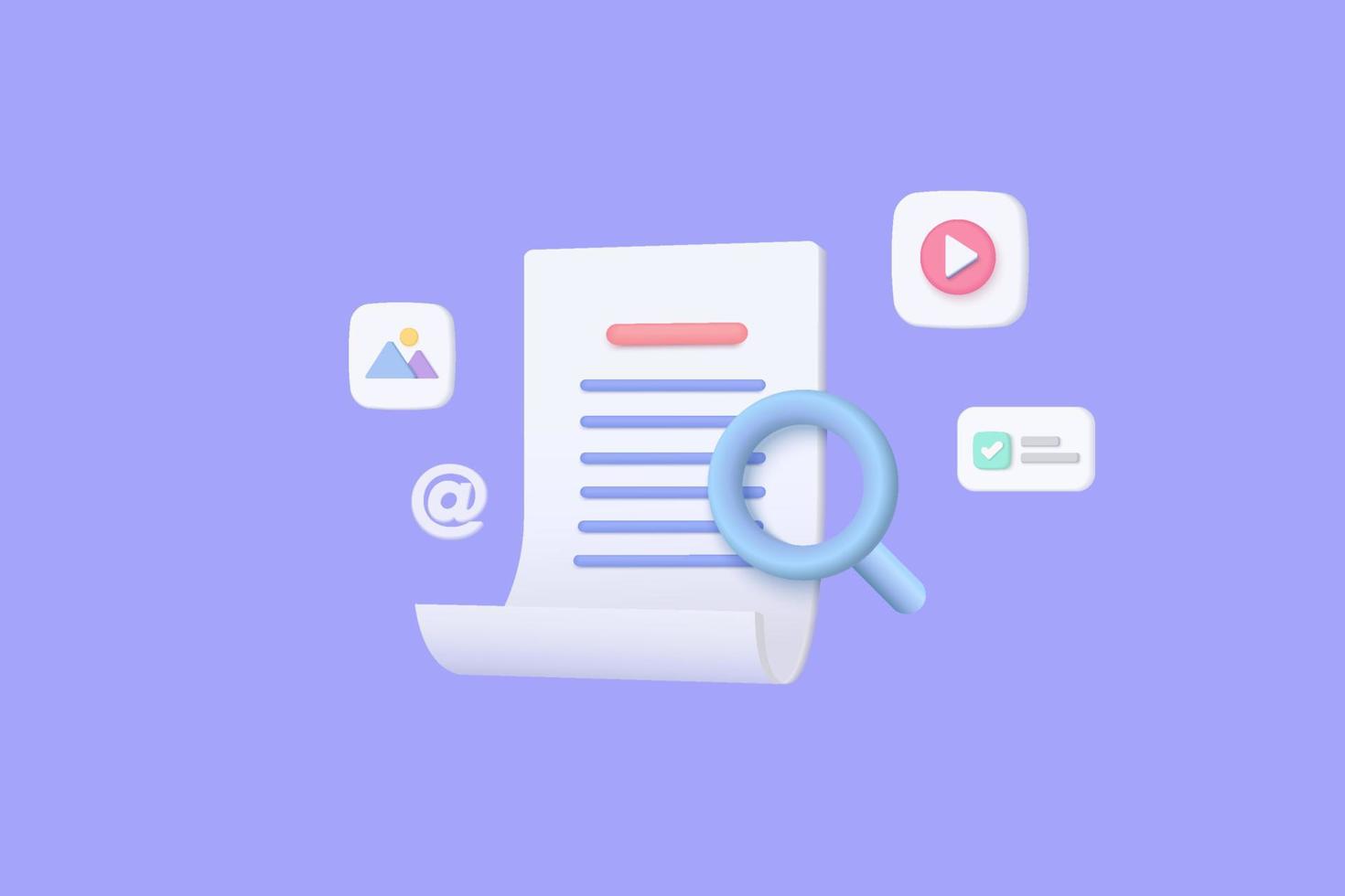 3d concepto de gestión de archivos multimedia. búsqueda de archivos de imagen y video en la base de datos. software de gestión de documentos, aplicación de flujo de documentos, concepto de documentos compuestos. lupa de representación vectorial 3d vector