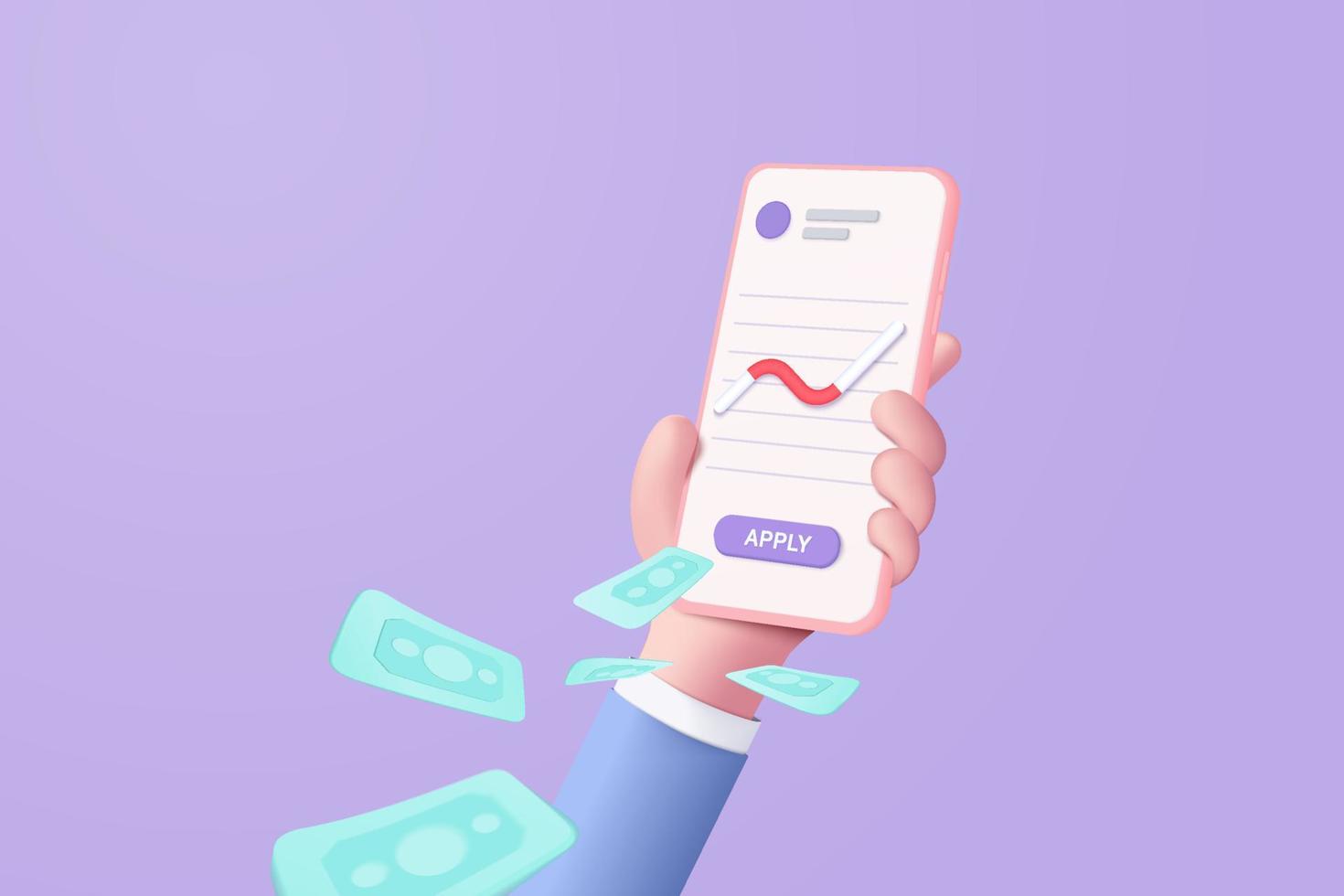 3D vector hand holding mobile isolated on pastel purple background. Hand using funding business graph on application under creative solution concept in 3D vector. 3d trading for business investment